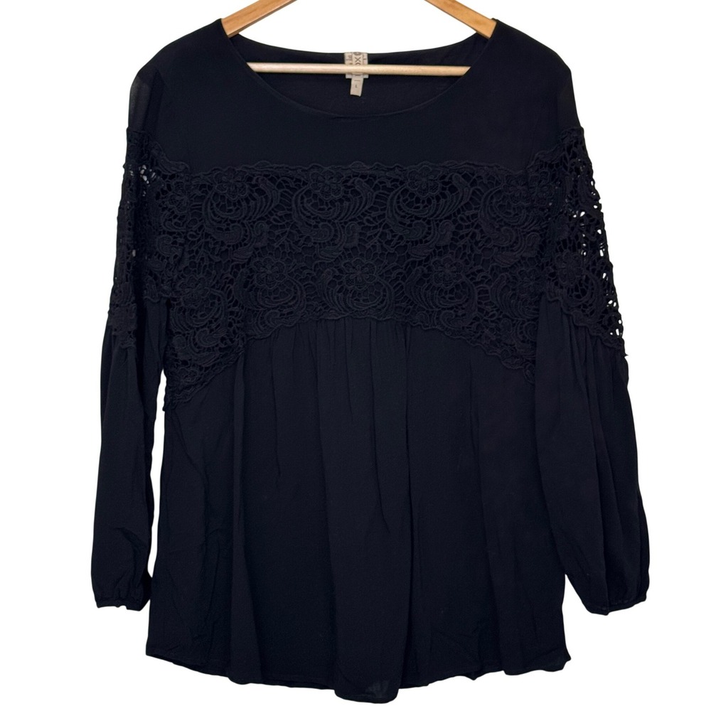 Wearables XCVI Blouse L Black Crochet Lace Babydoll Long Sleeve Bohemian Top